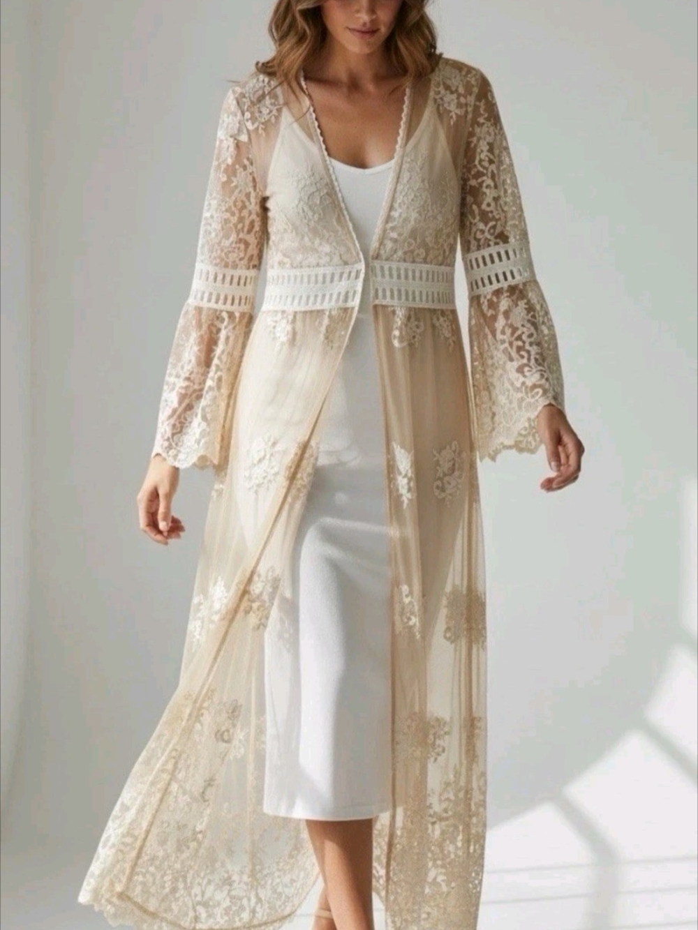 Forever 21 Sheer Lace Long Kimono Robe - Cream